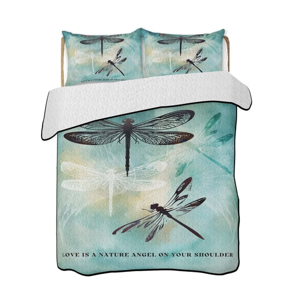 Dragonfly Quilts Bedding Set California King Abstract Animal Teal Green Yellow Gradient Text Lightweight Quilted Bedspread 3 Piece Bed Quilt with 2 Pillow Shams All Season for Bedroom 96" x 106"