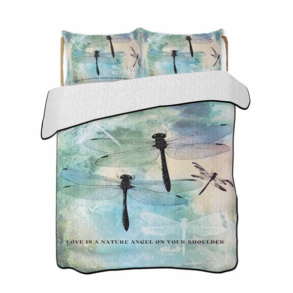 Dragonfly Quilts Bedding Set California King Animal Teal Green Yellow Gradient Text Lightweight Quilted Bedspread 3 Piece Bed Quilt with 2 Pillow Shams All Season for Bedroom 96" x 106"