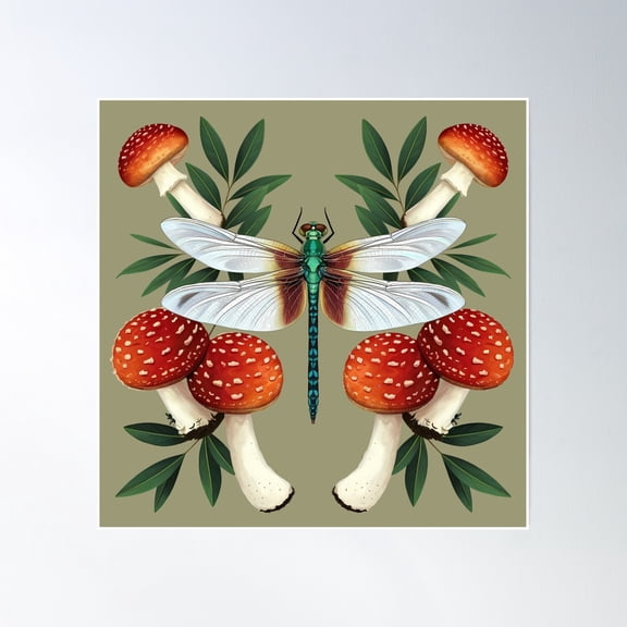 Dragonfly And Red Amanita Muscaria Mushrooms Goblincore And Forestcore Green Insect Forest Nature Lake Theme Poster Wall Art, Modern Wall Decor, 24x24 UNFRAMED
