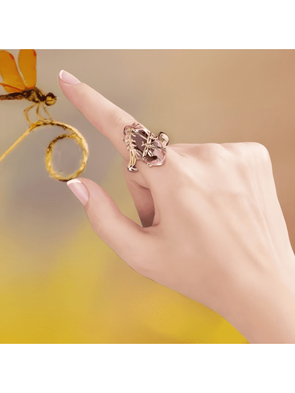 Dragonfly Ring for Women 18K Gold Plated Crystal Ring Dainty Eye Shape Cocktail Party Statement Ring Pink-Size 9