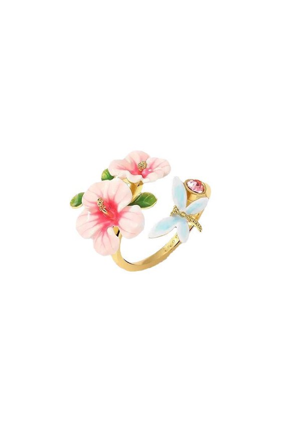 Dragonfly Ring with Hibiscus Flower Bohemian Open Ring Copper Adjustable Ring Special Interest Flower and Insect Design Ring