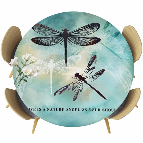 Dragonfly Round Fitted Tablecloth with Elastic Edge, Abstract Animal Teal Green Yellow Gradient Text Stretch Table Covers for 36"-44" Tables Wipeable Table Cloth for Outdoor