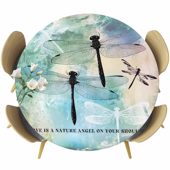 Dragonfly Round Fitted Tablecloth with Elastic Edge, Animal Teal Green Yellow Gradient Text Stretch Table Covers for 36"-44" Tables Wipeable Table Cloth for Outdoor