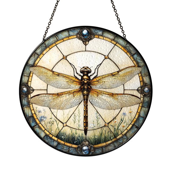 Dragonfly Round Window Suncatcher with Stained Glass Effect, Calm Botanical Decor for Living Spaces