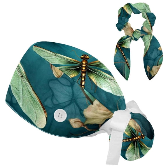 Dragonfly Scrub Cap, Adjustable Tie Back Hat, One Size Working Head Cover for Women Long Hair for Woman