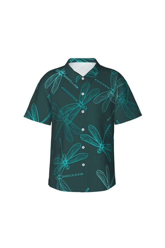 Dragonfly Seamless Mode Men's 3d Print Casual Button Down Shirts, Novelty Hawaiian Short Sleeves Xl