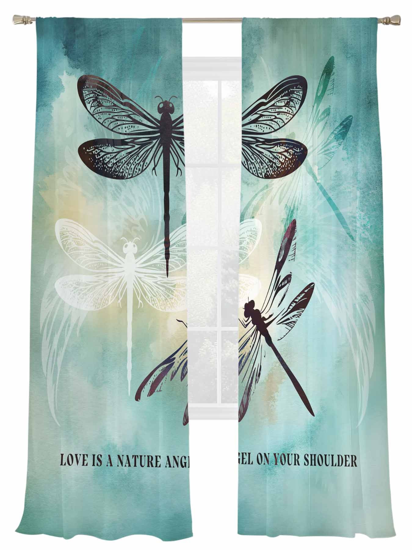 Dragonfly Sheer Curtains 2 Panels Set Abstract Animal Teal Green Yellow ...