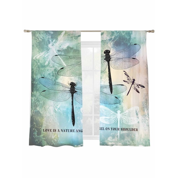 Dragonfly Sheer Curtains for Living Room Bedroom, Animal Teal Green Yellow Gradient Text Light Filtering Sheer Curtains, Rod Pocket Voile Window Drapes, 2 Panels Set 52"x 63"