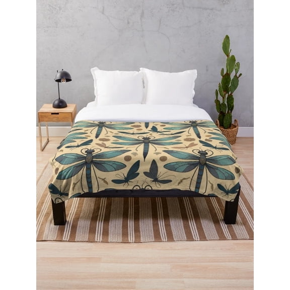 Dragonfly Sherpa Blanket, Nature Insect Print Polyester Fleece Throw, Cozy Bed or Couch Blanket, Multiple Sizes