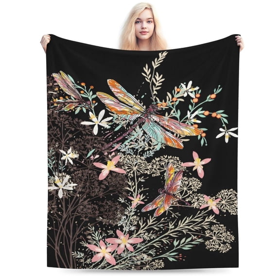 Dragonfly Sherpa Blanket Throw Botanical Floral Fleece Throw Blanket for Kids Girls Teens Women Bedroom Decor Nature Animals Branches for Sofa Bed Couch Black 50x40