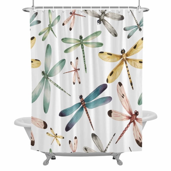 Dragonfly Shower Curtain for Bathroom, Watercolor Colorful Wings Flying Waterproof Cloth Fabric Bathroom Accessories Set with 12 Rust Proof Plastic Hooks, 66"x72"