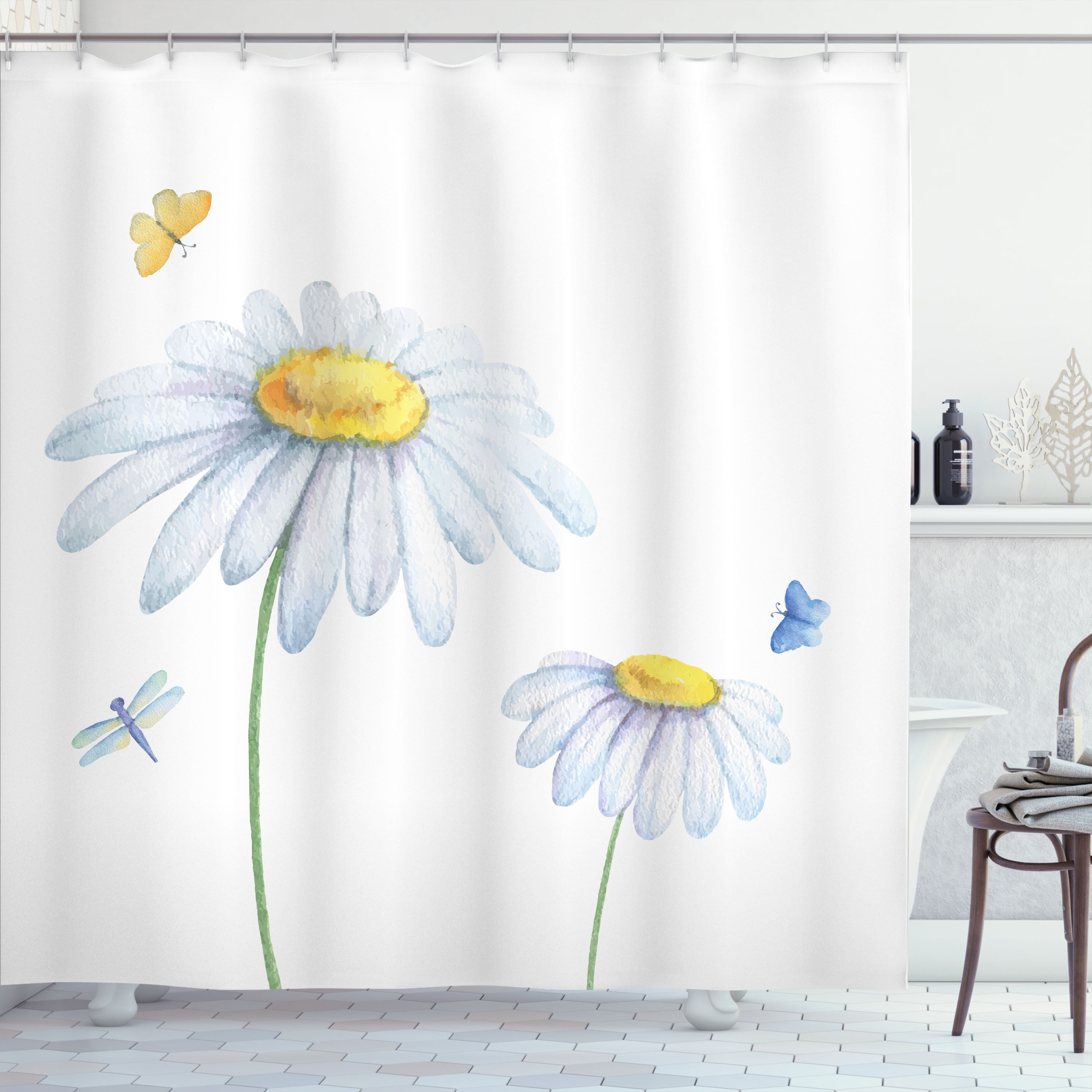 Dragonfly Shower Curtain, Chamomiles Moths Dragonflies Refreshing