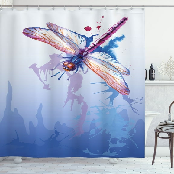 Dragonfly Shower Curtain, Colorful Purple Moth Watercolored Design with Abstract Grunge Blue Ombre Print, Fabric Bathroom Set with Hooks, 69W X 84L Inches Extra Long, Multicolor, by Ambesonne