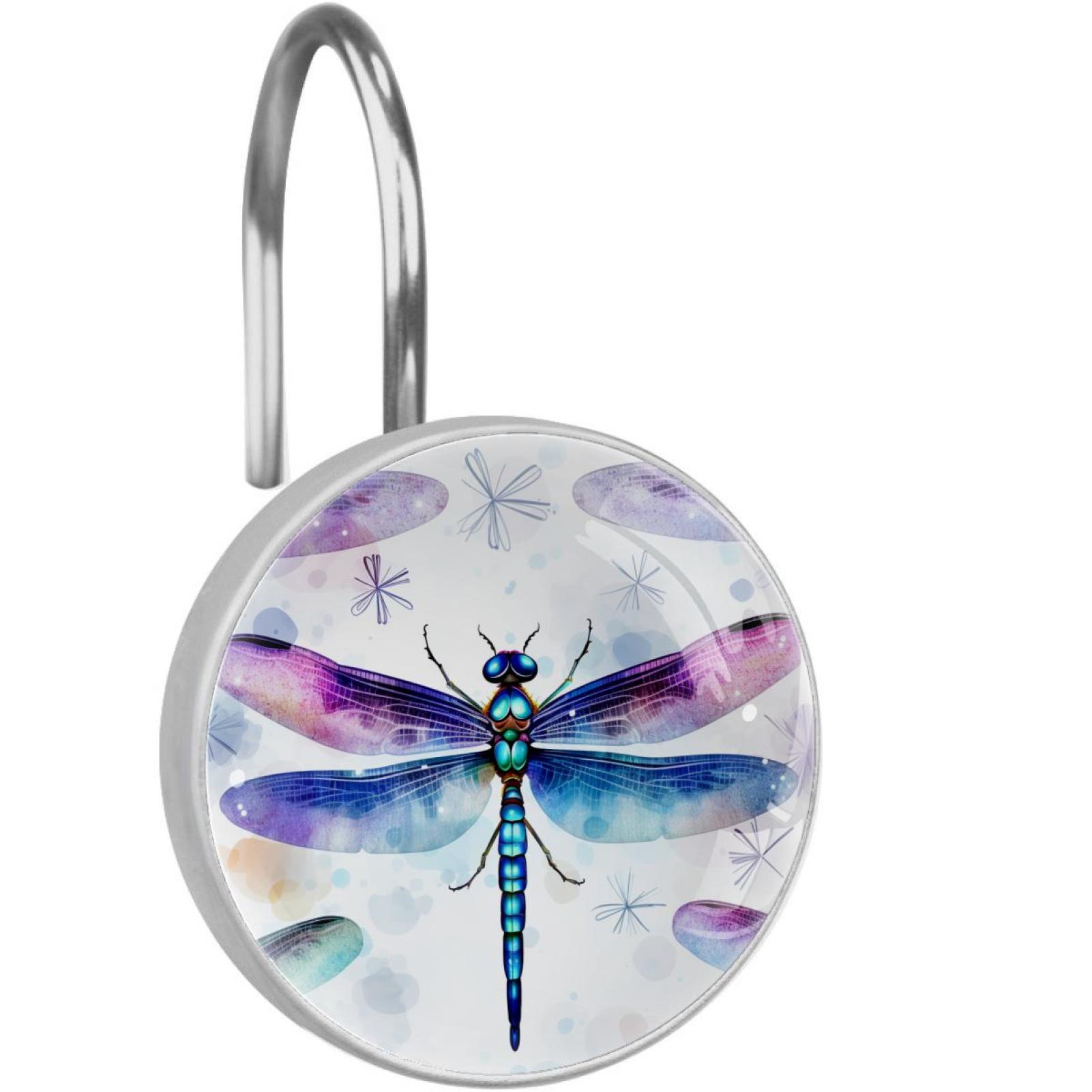 Dragonfly Shower Curtain Hooks （Set of 12） for Home Hotel Shower Rods Bathroom Crystal Glass Print Stainless Steel Round Curtain Hooks