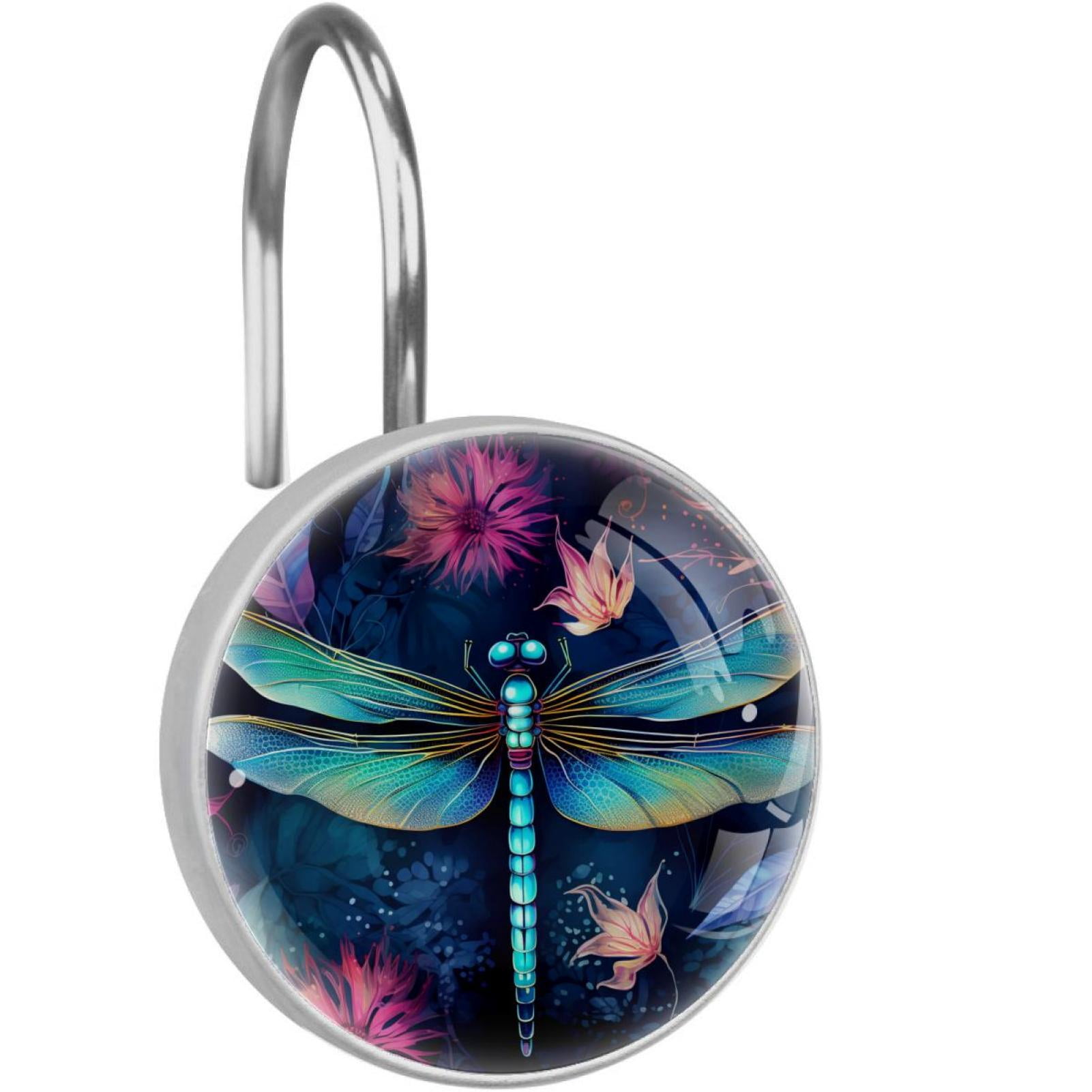 Dragonfly Shower Curtain Hooks （Set of 12） for Home Hotel Shower Rods Bathroom Crystal Glass Print Stainless Steel Round Curtain Hooks