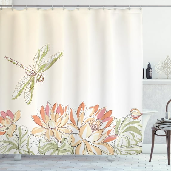 Dragonfly Shower Curtain, Lotus Flower Field with Dragonfly Flying Oriental Blooms Artful Print, Fabric Bathroom Set with Hooks, 69W X 75L Inches Long, Cream Peach Coral, by Ambesonne