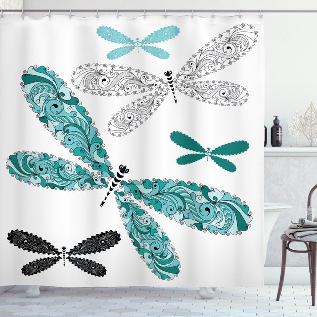 Dragonfly Shower Curtain, Ornamental Dragonfly Figures with Lace and