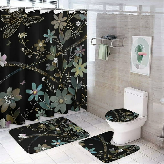 Dragonfly Shower Curtain Sets with Non-Slip Rug, Toilet Lid Cover And Bath Mat，Shower Curtain Sets with 12 Hooks, Shower Curtain for Bathroom Set Decor