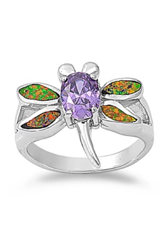 Dragonfly Simulated Amethyst Cubic Zirconia Black Simulated Opal Ring Sterling Silver Size 8