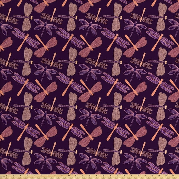 Ambesonne Dragonfly Fabric by the Yard Upholstery, Night Wingy Animals Print, 10 Yards, Purple and Peach