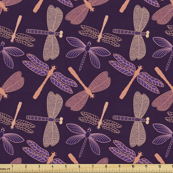 Ambesonne Dragonfly Fabric by the Yard Upholstery, Night Wingy Animals Print, 1 Yard, Purple and Peach