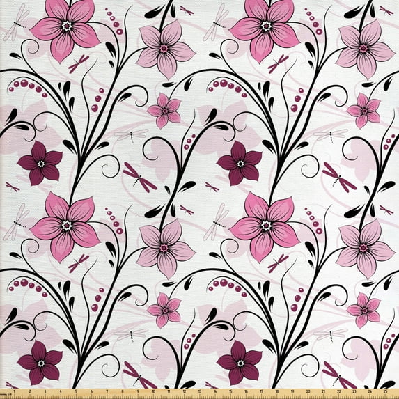 Dragonfly Sofa Upholstery Fabric by the Yard, Shabby Form Floral Swirled Leaves and Florets Illustration, Decorative Fabric for DIY and Home Accents, Pale Pink Dried Rose by Ambesonne