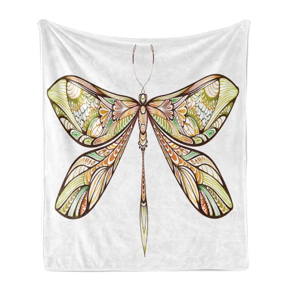 Dragonfly Soft Flannel Fleece Blanket, Abstract Colorful Dragonfly Design with Seasonal Blossoming Leaf Patterned Wings, Cozy Plush for Indoor and Outdoor Use, 70" x 90", Multicolor, by Ambesonne