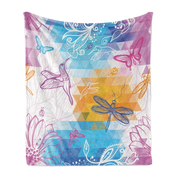 Dragonfly Soft Flannel Fleece Blanket, Beetle Dragonfly Bird Shapes over Geometrical Angled Bound Triangle Forms Graphic, Cozy Plush for Indoor and Outdoor Use, 50" x 70", Multicolor, by Ambesonne
