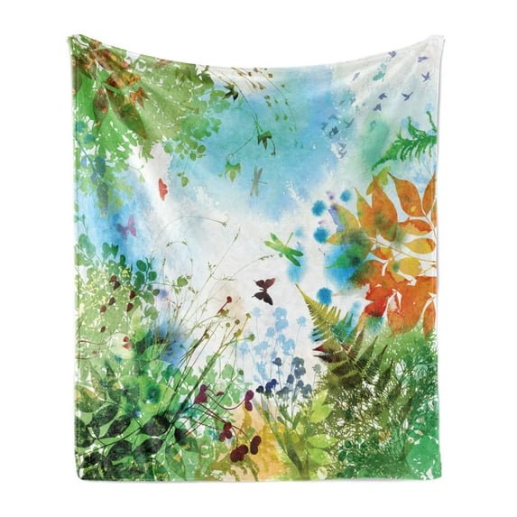 Dragonfly Soft Flannel Fleece Blanket, Ferns Petals Flourishing Nature Fantasy Complex Mixed Digital Watercolors Image, Cozy Plush for Indoor and Outdoor Use, 50" x 60", Multicolor, by Ambesonne