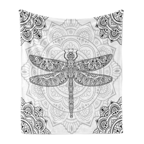 Dragonfly Soft Flannel Fleece Blanket, Floral Ornament Tattoo Mandala Style Bohemian Greyscale Illustration, Cozy Plush for Indoor and Outdoor Use, 50" x 60", Pale Grey Charcoal Grey, by Ambesonne