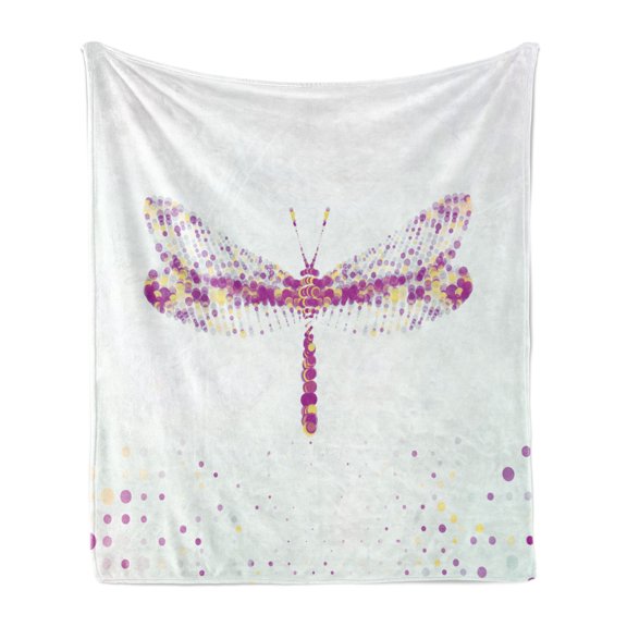 Dragonfly Soft Flannel Fleece Blanket, Futuristic Featured Dragonfly with Spot Effects Properties Winged Flying Theme, Cozy Plush for Indoor and Outdoor Use, 50" x 70", Purple Yellow, by Ambesonne