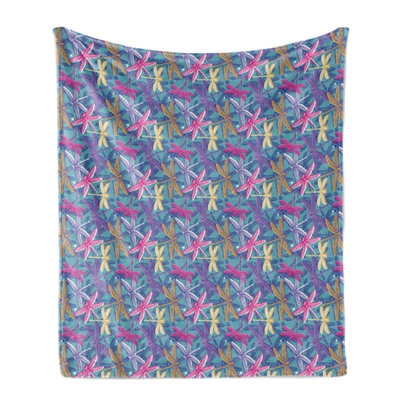 Dragonfly Soft Flannel Fleece Blanket, Hand Drawn Grunge Effect Dragonflies with Vintage Style Color Splashes Background, Cozy Plush for Indoor and Outdoor Use, 50" x 60", Multicolor, by Ambesonne