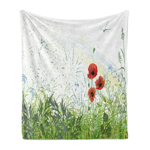 Dragonfly Soft Flannel Fleece Blanket, Illustration of Meadow Field a Single Fleur-de-lis on Distressed Grunge Background, Cozy Plush for Indoor and Outdoor Use, 50" x 70", Green Red, by Ambesonne