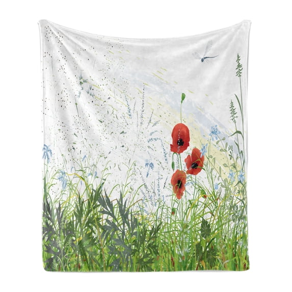 Dragonfly Soft Flannel Fleece Blanket, Illustration of Meadow Field a Single Fleur-de-lis on Distressed Grunge Background, Cozy Plush for Indoor and Outdoor Use, 60" x 80", Green Red, by Ambesonne