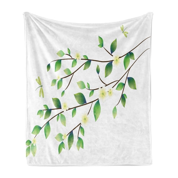 Dragonfly Soft Flannel Fleece Blanket, Leaves with Little Dragonflies and Jasmine Environmental Botanical Illustration, Cozy Plush for Indoor and Outdoor Use, 70" x 90", Green White, by Ambesonne