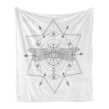 Dragonfly Soft Flannel Fleece Blanket, Sacred Geometry Greyscale Motif and Insect on Plain Background Line Art, Cozy Plush for Indoor and Outdoor Use, 50" x 60", Dark Grey Pale Grey, by Ambesonne