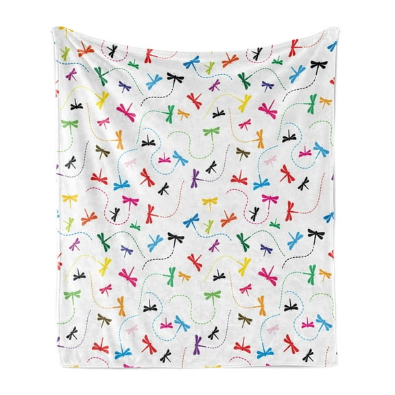 Dragonfly Soft Flannel Fleece Blanket, Silhouettes of Spring Wildlife Bugs with Rainbow Colors Blossoming Nature Season, Cozy Plush for Indoor and Outdoor Use, 50" x 70", Multicolor, by Ambesonne