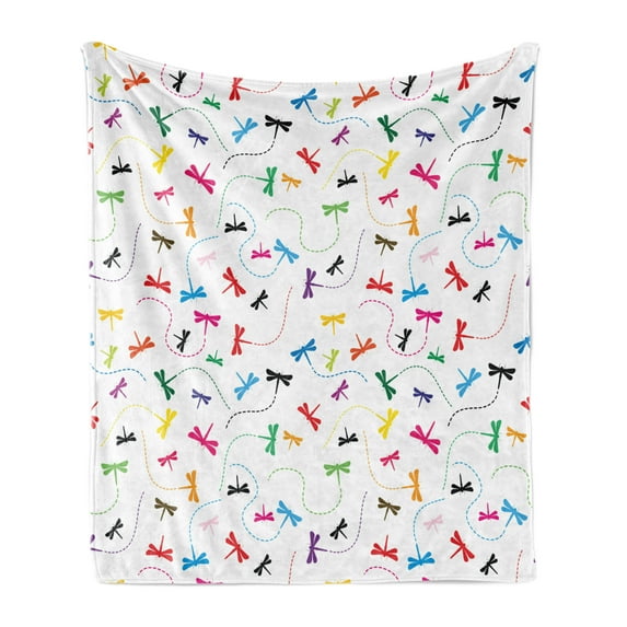 Dragonfly Soft Flannel Fleece Blanket, Silhouettes of Spring Wildlife Bugs with Rainbow Colors Blossoming Nature Season, Cozy Plush for Indoor and Outdoor Use, 50" x 70", Multicolor, by Ambesonne