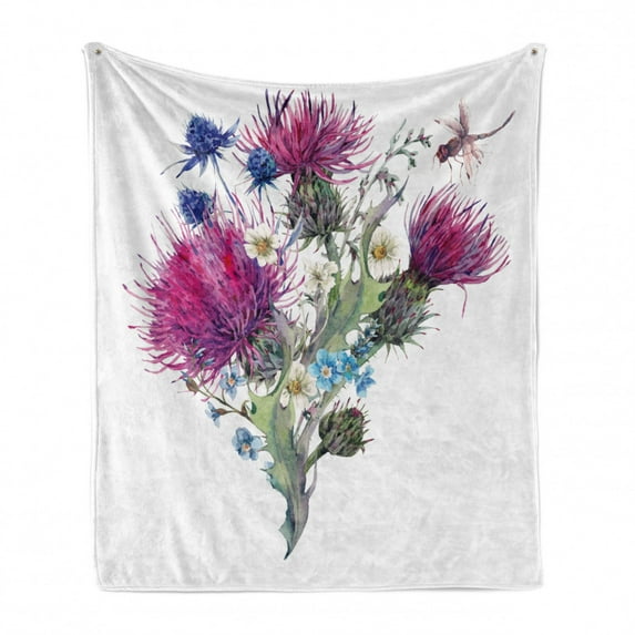 Dragonfly Soft Flannel Fleece Blanket, Summer Natural Meadow Herbs Bouquet Wild Thistles Chamomiles Watercolor Boho Art, Cozy Plush for Indoor and Outdoor Use, 60" x 80", Multicolor, by Ambesonne