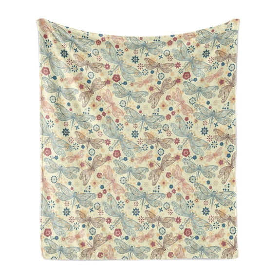 Dragonfly Soft Flannel Fleece Blanket, Vintage Retro Hippie Design with Flower Print Wings Buds Leaves Image, Cozy Plush for Indoor and Outdoor Use, 50" x 60", Turquoise and Burgundy, by Ambesonne