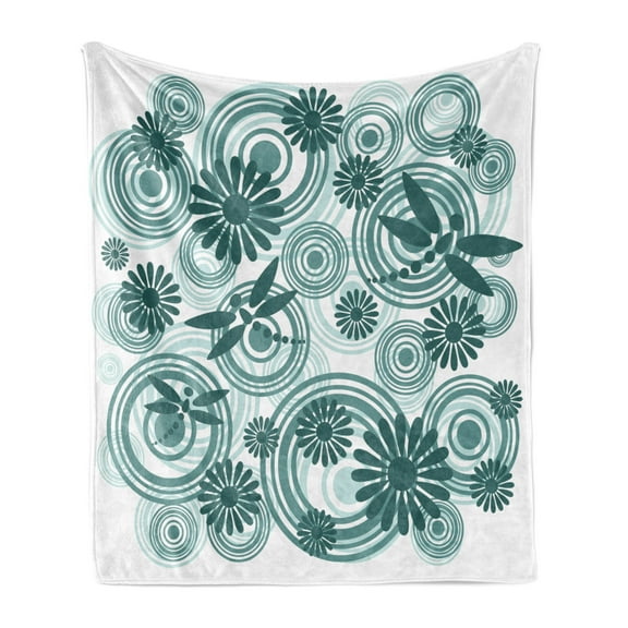 Dragonfly Soft Flannel Fleece Throw Blanket, Abstract Circular Spiral Flowers Chamomile Daisy Modern Print, Cozy Plush for Indoor and Outdoor Use, 70" x 90", Petrol Blue White, by Ambesonne