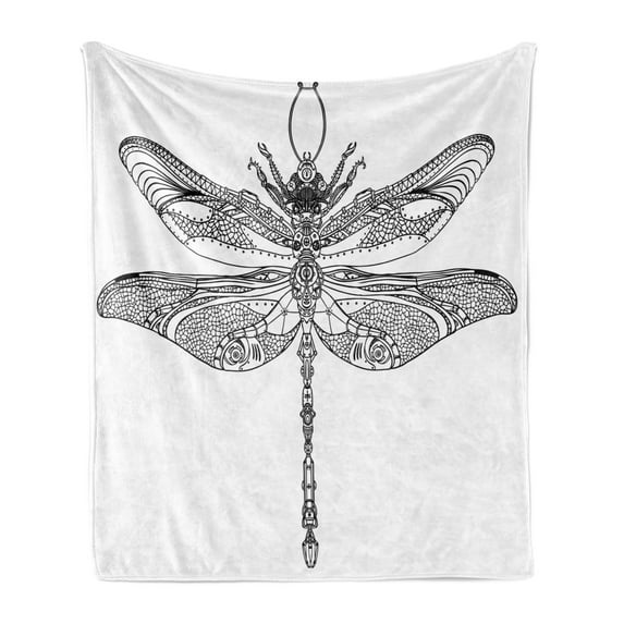 Dragonfly Soft Flannel Fleece Throw Blanket, Baroque Patterned Ornamental Dragonfly Old Fashion Bug Design, Cozy Plush for Indoor and Outdoor Use, 50" x 60", Black White, by Ambesonne