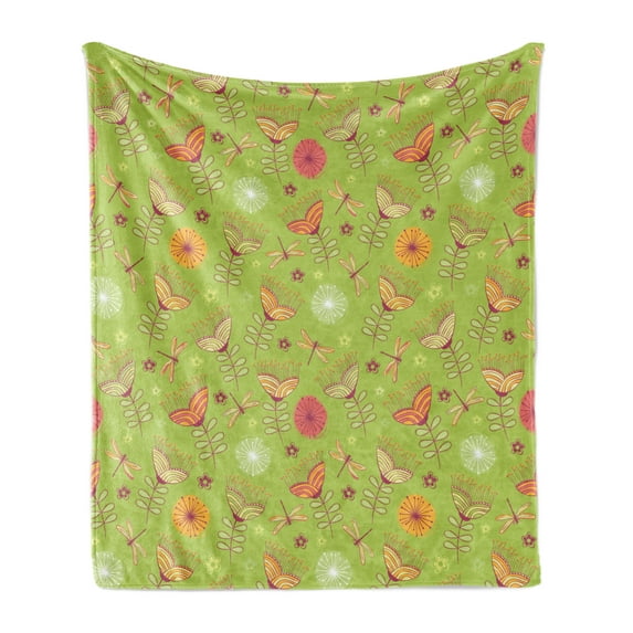 Dragonfly Soft Flannel Fleece Throw Blanket, Bluebell Flower Motifs with Peony Funky Fashioned Boho Retro Pattern Print, Cozy Plush for Indoor and Outdoor Use, 50" x 60", Green Pink, by Ambesonne