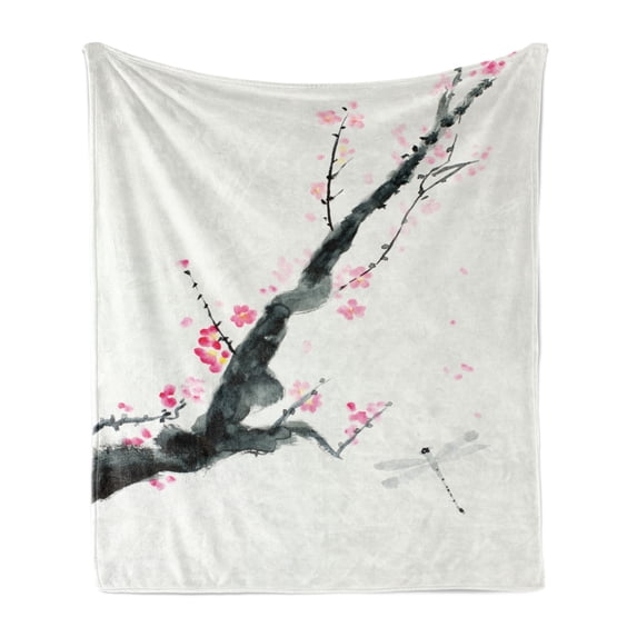 Dragonfly Soft Flannel Fleece Throw Blanket, Branch of a Pink Cherry Blossom Sakura Tree Bud a Dragonfly Dramatic, Cozy Plush for Indoor and Outdoor Use, 60" x 80", Pale Sage Green Pink, by Ambesonne