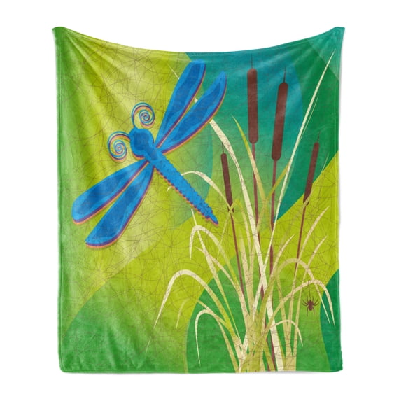 Dragonfly Soft Flannel Fleece Throw Blanket, Butterfly Like Flying Bug on Grunge Vintage Style Backdrop Image, Cozy Plush for Indoor and Outdoor Use, 50" x 70", Pale Green Brown, by Ambesonne