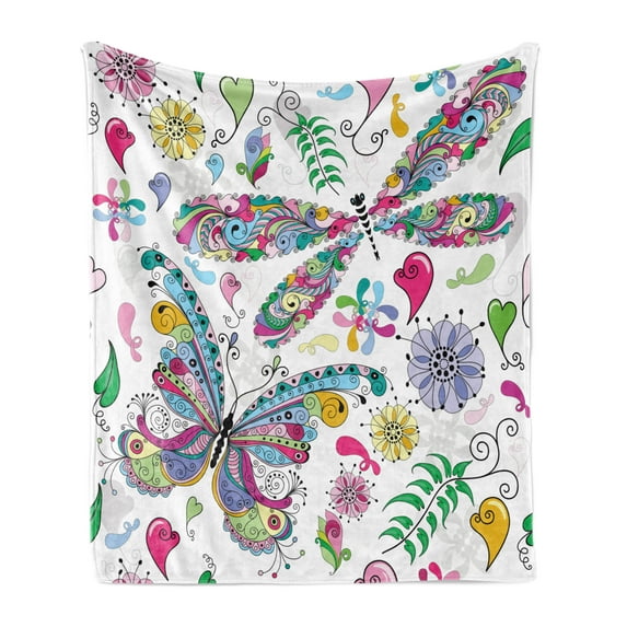 Dragonfly Soft Flannel Fleece Throw Blanket, Butterfly Dragonfly Paisley Complex Motifs with Diverse Lines Art Image, Cozy Plush for Indoor and Outdoor Use, 50" x 60", Multicolor, by Ambesonne