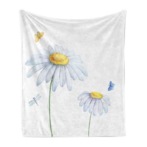 Dragonfly Soft Flannel Fleece Throw Blanket, Chamomiles Moths Dragonflies Refreshing Nature Template Soft Colors Artwork, Cozy Plush for Indoor and Outdoor Use, 70" x 90", Yellow White, by Ambesonne