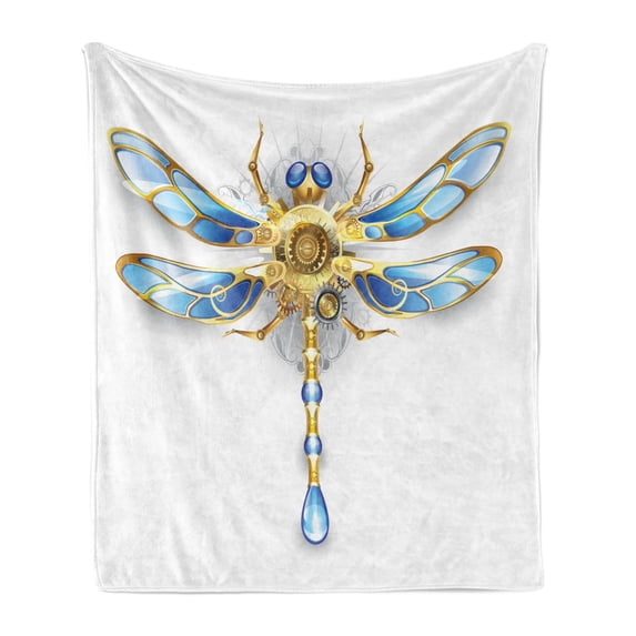 Dragonfly Soft Flannel Fleece Throw Blanket, Close-Up View of Mechanical Dragonfly with Multifaceted Eyes Gears Body Print, Cozy Plush for Indoor and Outdoor Use, 60" x 80", Yellow Blue, by Ambesonne