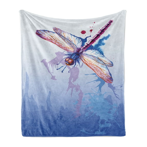 Dragonfly Soft Flannel Fleece Throw Blanket, Colorful Moth Watercolored Design Abstract Grunge Ombre Color Change Print, Cozy Plush for Indoor and Outdoor Use, 50" x 60", Multicolor, by Ambesonne