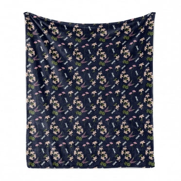 Dragonfly Soft Flannel Fleece Throw Blanket, Continuous Floral Pattern with Lilies and Lupine Flowers Spring, Cozy Plush for Indoor and Outdoor Use, 50" x 60", Dark Blue and Multicolor, by Ambesonne